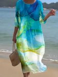 Marble Print Half Sleeve Dress Casual Crew Neck Dress For Spring & Summer Women's Clothing