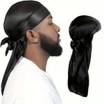 Men's Silk Durag Shower Cap Bandana Silky Du Rag Doo Rag Long Tail Waves Cap - Bathroom Accessories