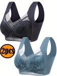 2PCS Solid Floral Lace Full Coverage Wireless Tank Bra Sexy Comfy Push Up Bra Women's Lingerie & Underwear