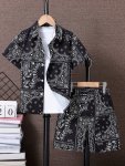2PCS Boys Casual Paisley Random Print Short Sleeve Lapel Shirt & Shorts Set Comfy Summer Boys Clothing