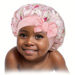 1PC Kids Fashion Wide Brim Bonnet Cap Elastic Satin Printed Patterns Tie Bands Sleep Cap Adjustable Silky Durag Suitable For Cur
