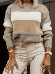 Color Block Crew Neck Pullover Sweater Casual Long Sleeve Loose Comfy Sweater Women's Clothing