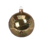 Xmas Ball Glass 10CM Decorated With Green And Red Colour Glitter Holly Design - Shiny Gold