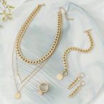5PCS Earrings Necklace Bracelet Plus Ring Trendy Cuban Chain Design Multi Layer Necklace Match Daily Outfits Party Accessories F