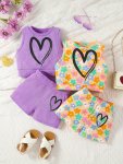 2 Sets Girl's Outfits Tie Dye Heart Print Sleeveless Tops + Shorts Set Holiday Going Out Summer Clothes