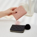 Classic Small Shirt Clutch Wallet With Pom Pom Decor Trendy Women's Credit Card Holder For Daily Use