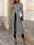 Stripe Print Button Front Shirt Elegant Long Sleeve Midi Length A-line Top For Spring & Fall Women's Clothing