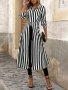 Stripe Print Button Front Shirt Elegant Long Sleeve Midi Length A-line Top For Spring & Fall Women's Clothing