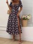 Floral Print Puff Sleeve Dress Chic Split Hem A-line Dress For Spring & Summer Women's Clothing