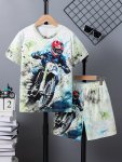 2PCS Boys Cool Off-road Motorcycle Print Versatile Tie Dye Short Sleeve T-Shirt & Shorts Set Cool Lightweight And Comfy Summer C