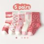 5 Pairs Girl's Kids Hearts Cartoon Pattern Cute Sweet Socks Breathable Comfy Crew Socks Children's Trendy Socks