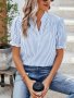 Striped V-neck Button Decor Blouse Elegant Puff Sleeve Blouse For Spring & Summer Women's Clothing