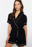 Belted Piping Detailed Woven Pajama Set - Black