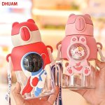 1PC 600ML 20OZ Outdoor Leakproof Plastic Water Bottle With Straw Portable Cute Cartoon Water Bottle With Carrying Strap For Outd