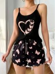 Women's Heart & Butterfly Print Frill Trim Casual Pajama Set Round Neck Backless Cami Top & Shorts Comfortable Relaxed Fit