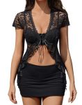 Women's Sheer Shrug Short Sleeve Tie Front Crop Top Y2K Lace Shirt Bolero Shrugs For Dress Going Out Outfits Black Xx-large