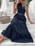 LaCie Lace Splicing V-neck Tank Dress Elegant Sleeveless Smocked Aline Swing Dress For Spring & Summer Women's Clothing
