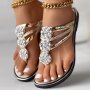 Women's Solid Color Glitter Sandals Rhinestone Floral Decor Lightweight Slip On Summer Slides Clip Toe Vacation Beach Shoes