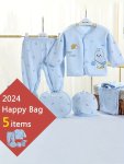 2024 Lucky Bag 5PCS Newborn Clothes Outfits Gifts - Cute Cartoon Graphic Cardigan Top + Hat + Footed Pants + Trousers + Bib Todd