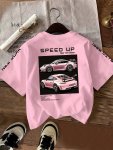 Car & Letter Print T-Shirt Short Sleeve Crew Neck Casual Top For Summer & Spring Women's Clothing