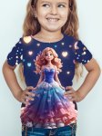 Cartoon Princess & Hearts Graphic Print Tee Girls' Trendy & Comfy Short Sleeve Crew Neck T-Shirt For Spring & Summer Girls' Clot