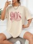 Number & Letter Print Vintage T-Shirt Crew Neck Drop Shoulder Top For Spring & Summer Women's Clothing