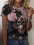 Floral & Skull Print T-Shirt Casual Short Sleeve Crew Neck Top For Spring & Summer Women's Clothing