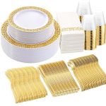 Wellife 350PCS Gold Dinnerware Sets Plates And Napkins Party Supplies INCLUDE:50 Dinner Plates 50 Dessert Plates 50 Paper Napkin