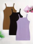 Girl's 3 Piece Casual Sleeveless Spaghetti Strap Ribbed Knit Short Dresses