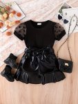 2PCS Polka Dot Print Splicing Mesh Sleeve T-Shirt + Solid Color Ruffle Hem Skirt Set For Girls Casual And Trendy Holiday Set Sum