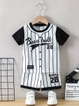 Baseball Letter Graphic Print 2PCS Boys Casual Striped Short Sleeve T-Shirt & Shorts Set Boys Clothing For Summer As Gifts