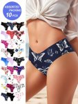 10PCS Seamless Allover Print Contrast Trim Briefs Sexy Comfy Breathable Stretchy Intimates Panties Women's Lingerie & Underwear