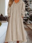Plus Size Casual Dress Women's Plus Solid Fuzzy Fleece Long Sleeve Drawstring Hooded Dress With Pockets