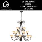 Goldair Gold & Black Metal 3 Tier Chandelier - 20 Lights