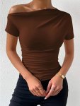 One Shoulder Ruched Solid T-Shirt Casual Short Sleeve Top For Spring & Summer Women's Clothing