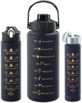 Elite 3PC Motivational Water Bottle Set With Straw Black 2000 Ml Bottle