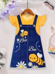 Sweet Ruffle Sleeve Bee Graphic Straight Dress For Girls Spring & Summer Party Sweet Casual Dresses Gift