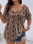 Leopard Print Crew Neck Cold Shoulder Blouse Elegant Short Sleeve Top For Spring & Summer Women's Clothing