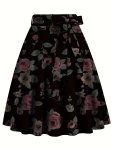 Floral Print High Waist Skirt Elegant Belted Flared Midi Skirt Women's Clothing
