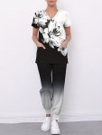 Medical Scrub Suit Set Floral Print V-neck Pockets Scrub Top & Gradient Print Jogger Scrub Pants Outfits For Nurse Women's Cloth