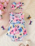 Baby's Cartoon Lovely Elephant Full Print Bodysuit & Headband Casual Sleeveless Triangle Onesie Toddler & Infant Girl's Clothing