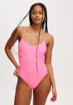 Cotton On Thin Strap Low Scoop One Piece Cheeky - Party Pink Crinkle