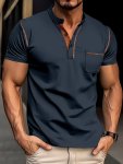Men's Henley Neck And Short Sleeve Sports Shirt With One Breasted Pocket And Stripe Pattern Print Patchwork Pieces Casual And Ch