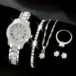 6 Pcs Round Rhinestone Quartz Watches Alloy Strap Alloy Pointer Alloy Dial And Rhinestone Bracelet Necklace Earrings Ring Jewelr