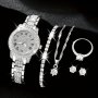 6 Pcs Round Rhinestone Quartz Watches Alloy Strap Alloy Pointer Alloy Dial And Rhinestone Bracelet Necklace Earrings Ring Jewelry For Women