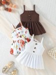 3PCS Baby's Button Decor Sleeveless Peplum Top Solid Color & Flower Pattern Camisole Infant & Toddler Girl's Clothing For Summer