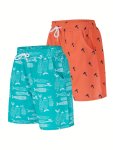 Jiihoo 2-PACK Boys Holiday Style Print Swim Trunks Elastic Waist Beach Shorts For Fishing Swimming Camping Outdoor & Water Sport