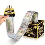 1 Set Happy Birthday Cash Gift Box Black And Golden Birthday Surprise Cash Gift Box Cash Gift Box Banknote Roll-up Surprise Gift