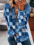 Faux Denim Print Zip Up T-Shirt Casual Crew Neck Long Sleeve Color Block Patchwork T-Shirt For Spring & Fall Women's Clothing