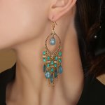 Hollow Leaf Rhinestone Beads Tassel Dangle Earrings Boho Vacation Style Trendy Holiday Ear Ornaments